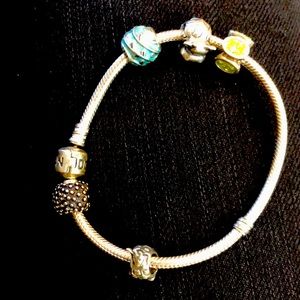 Pandora bracelet 5 charms, hedgehog, giraffe, hippo, two colorful ones.